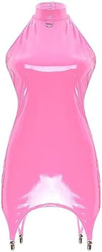 iiniim Women's Back Zipper Halter Sleeveless Bodycon Dress Wetlook Mini Dress with Garter Clips