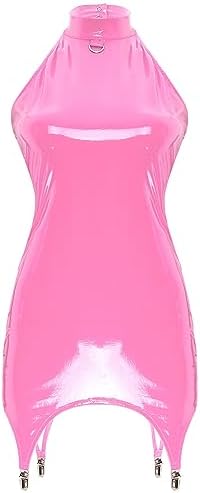 iiniim Women's Back Zipper Halter Sleeveless Bodycon Dress Wetlook Mini Dress with Garter Clips