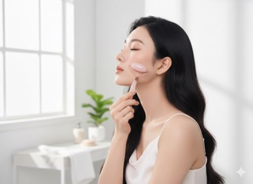 Rose Quartz Natural Stone Curved Facial Roller & Guasha Set - Jade Facial Massage and Face Sculpting Tool by Ikisatori (Rose Quartz)