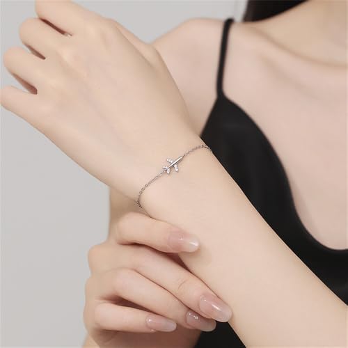 Kokoma Cubic Zirconia Airplane Bracelet for Women 925 Sterling Silver Fly Plane Delicate Bracelets Minimalist Adjustable Statement Stacking Chain Jewelry