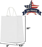 Qutuus 50 pcs White Paper Gift Bags with Handles 8x4.5x10 White Paper Bags for Party Favor, Shopping, Wedding, Retail, Recyclable Medium Gift Bags Bulk