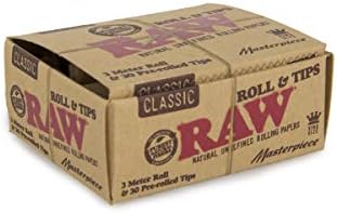 RAW Classic Natural Unrefined Rolling Papers Tips - 3 Meters Masterpiece Pre Rolled Tips - 12 Pack Count Display Box -Raw Rolls Masterpiece Filters x 12 No Nicotine
