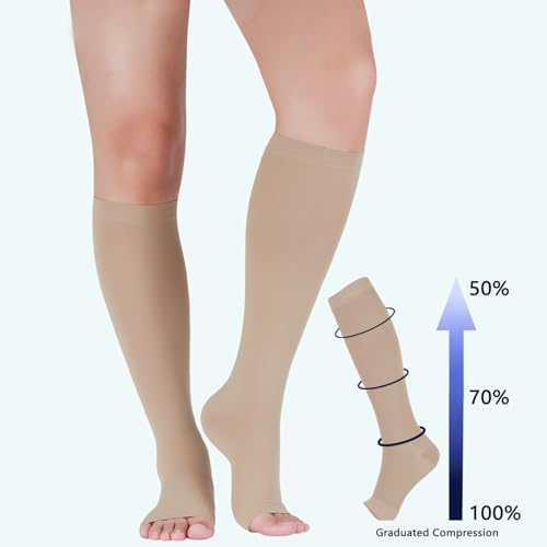 LIN PERFORMANCE 20-30 mmHg Compression Socks for Women Men Knee High Open Toe Leg Support Stockings for Daily Comfort Travel (Nude,M)