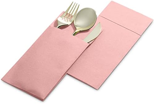 50-Pack Disposable Linen-Feel Dinner Napkins with Built-in Flatware Pocket, PINK Prefolded Cloth Like Paper Napkins For Valentines Day, Baby Shower, Dinner, Wedding Or Party [Silverware NOT Included]