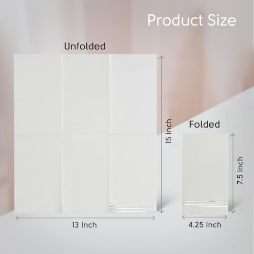 Stylish White and Silver Napkins - 100 Disposable White Paper Dinner Napkins for Bridal Shower or Wedding - 7.5 x 4.25 Inch Serviettes for Parties and Events
