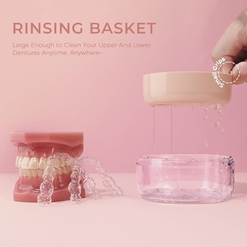 Denture Case, 2-in-1 Retainer Cleaner Case with Mirror & Strainer, Portable Aligner Bath Soaking Cup for Travel, Cute Orthodontic Storage Box for Mouth Guard, Night Guard & False Teeth, Pink