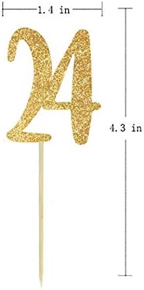 Gold Happy 24th Birthday Cupcake Topper, 24-Pack Number 24 Glitter Birthday Party Cupcake Toppers, Decorations