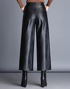 Lucrosun Women's Elastic High Waist Wide Leg Faux Leather Pants Palazoo Trousers