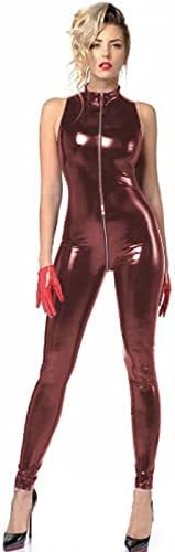 Plus Size Sexy Sleeveless PVC Catsuit Women Zipper to Crotch Bodycon Jumpsuit Cosplay Costume Nightclub Party Uniform,Dark Red,6XL