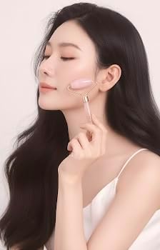 Rose Quartz Natural Stone Curved Facial Roller & Guasha Set - Jade Facial Massage and Face Sculpting Tool by Ikisatori (Rose Quartz)