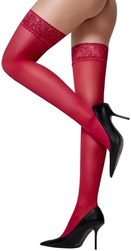 LABELLA Thigh High Stockings for Women with No-Slip Silicone Lace Top, Durable and Silky-Soft Sheer Stockings