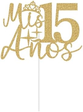 Mis Años 15 Cake Topper - Mis Quince 15 Happy 15th Birthday Cake Topper, Cheers to 15 Years Birthday Party Decorations Gold Glitter