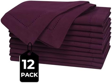 Bedding Craft Hemstitched Cotton Dinner Napkins Set of 12 – 18x18 Elegant Italian Plum – Machine Washable Soft Fabric Napkins for Weddings, Formal Dinners & Daily Dining