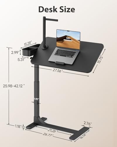 SAIJI Magnetic Overbed Bedside Table with Wheels, Height and 360° Angle Adjustable Over Bed Desk with Led Light, Portable Lengthened Rolling Laptop Standing Desk Mobile Bed Tables Hospital Home Use