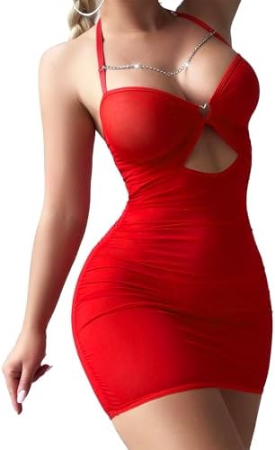 ADOME Lingerie for Women Sheer Ruched Bodycon Mesh Babydoll Halter Lingerie Sexy Chain Dress