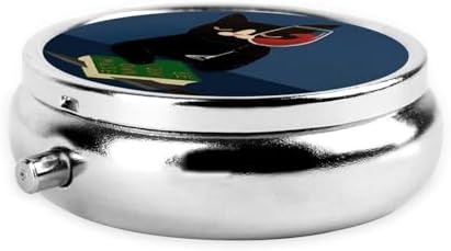 Metal Silver 3 Compartment Pill Box Pocket Portable Mini Travel Pill Case Small Round Decorative Medicine Box Vitamin Pill Organizer with Red Wine Black Cat
