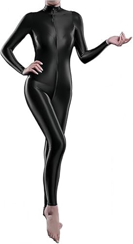 xinxin Woman's Sheer Shiny Elastic Bodystocking Lingerie High Neck Long Sleeve Zipper Crotch Bodysuit Catsuit