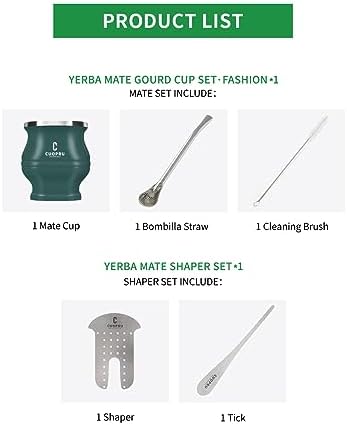 Cuopru Yerba Mate Cup - Mate Gourd Set Includes Double Walled Stainless Steel Tea Cup, Tea Shaper set, Bombilla Straws, Cleaning Brush