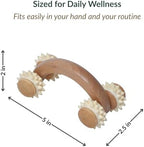 Natural Wooden Handheld Massage Roller - Four Spiked Rollers for Muscle Relief, Circulation Boost and Relaxation - Ergonomic Acupressure Massager for Back, Legs, Arms and Feet