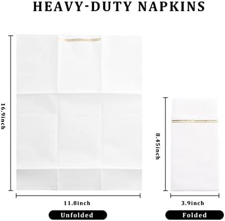Nervure 100PCS Gold Paper Napkins with Built-in Flatware Pocket - White and Gold Prefolded Cloth Like Disposable Napkins - Heavy-duty Linen-Feel Dinner Napkins for Party & Wedding & Dinner