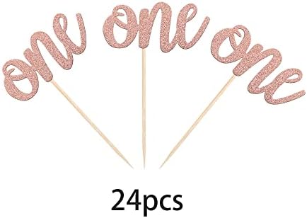 24 Pack First Birthday Cupcake Toppers Glitter One Cupcake Picks Baby Shower 1st Birthday Cake Decorations Party Supplies Rose Gold