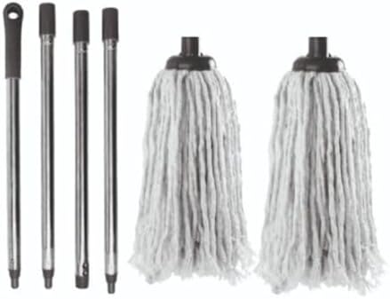 Long Cotton Floor mop – Looped String mop with Detachable Head and Handle – Lightweight and Easy to use – Includes 2 Cotton Strings mop Heads (2 Cotton mops with Handle)