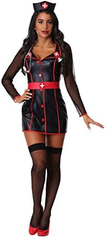 Adult Night Shift Nurse Costume | Women's Black and Red Uniform Dress Outfit with Classic Nurse Hat, Red Belt