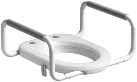 R&T 2" Toilet Seat Riser with Handles – Comfortable Raised Toilet Seat for Seniors, Fits for Elongated Toilets, Elevated Seat with Soft Grey Padded Arms for Bathroom
