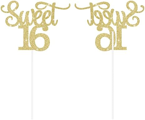 Gexolenu Gold Glitter Sweet 16 Cake Topper, 1 PCS, Anniversary Decoration