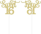 Gexolenu Gold Glitter Sweet 16 Cake Topper, 1 PCS, Anniversary Decoration
