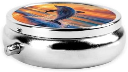 ZhongGuo Sunset Dolphin Printed Pill Organizer,Round Travel Pill Organizer Mini Medicine Pill Box for Purse Iron Plating