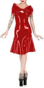 Wetlook PVC Faux Latex Bodycon Dress Big Bowknot Slash Neck Sheath Mermaid Party Clubwear
