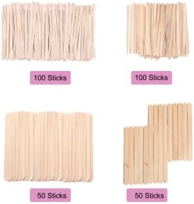Mibly 4 Style 300 Pcs Assorted Wooden Wax Sticks for Body Legs Face and Small Medium Large Sizes Eyebrow Waxing Applicator Spatulas for Hair Removal or Wood Craft Sticks