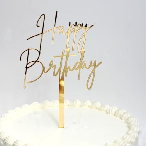 1PCS Gold Happy Birthday Cake Topper, 4.3 x 7.4 Inches Mirrored Gold Acrylic Versatile Cake Decorations, Mirror Acrylic Cake Topper for Birthdays, Anniversaries, Birthday Party Decoration Ideas
