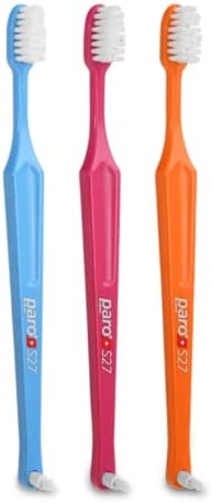 Paro S27 Toothbrush | Soft Bristles with 3 Rows, 27 Tuft and Replaceable Interspace Brush F (3 Pack Multi -Color)