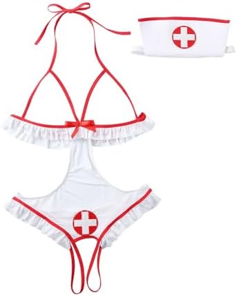 Lingerie for Women Nurse Cosplay Uniform Roleplay Costume with Cap Fancy Nightgown Naughty Babydolls