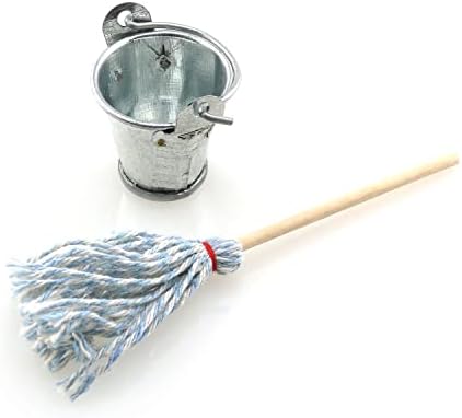 Mini Cleaning SetFloor Mop with Galvanized Bucket TAODAN 1Set Miniature 1:12 Scale Fairy Garden Furniture Retro Vintage Mop with Bucket Dollhouse Miniature Doll Furniture Accessories Gifts