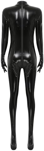 Vxuxlje Womens Sexy Latex Catsuit Wet Look PU Leather Gloved Sleeve Full Body Zipper Crotch Bodysuit
