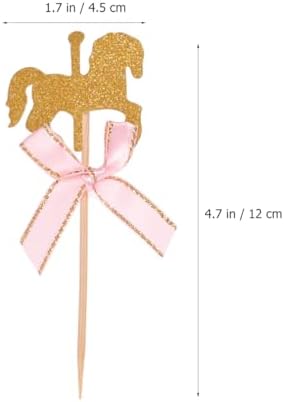 NUOBESTY 20Pcs Carousel Cupcake Toppers with Pink Bow, Glitter Horse Cake Decorations for Kids Birthday Party, Baby Shower, Wedding Supplies