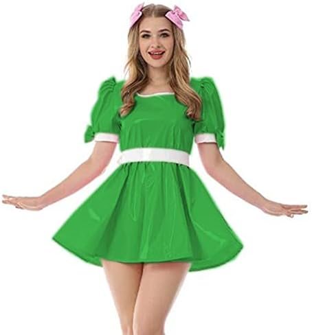 Leather PVC Dress Women Collar Vinyl Mini Dress Summer Maiden Costume Fancy Bow Oversize Female Dress,Green,M
