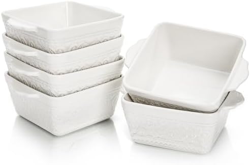6 Pack 13 OZ Ceramic Baking Dishes, 4.5" Mini Square Bakeware Set, Small Baking Pan with Handle, Individual Casserole Dish for Oven, Roasting, Lasagna, Pie, Gratin, Microwave Safe, White