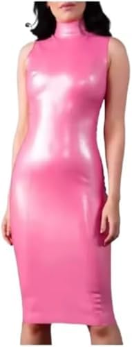 Sexy Pink Sleeveless Long Latex Dress in Knee Length, Skintight with Zipper on The Back and Slit at The Bottom