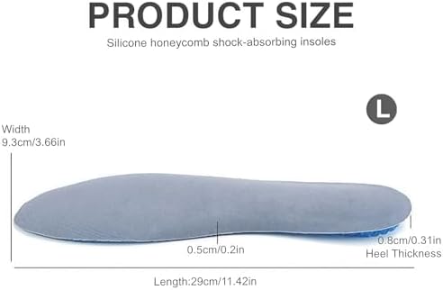 1Pair Blue Silicone Honeycomb Shaped Gel Full Length Insoles Unisex No-Slip Breathable Sports Insole Cushion Shock Absorbing Shoe Insoles Replacement Shoe Inserts (Large)