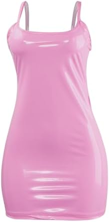 sedmoda Women Sexy Faux Leather Mini Dress Spaghetti Strap Bodycon PU Short Dresses Party Club Outfits