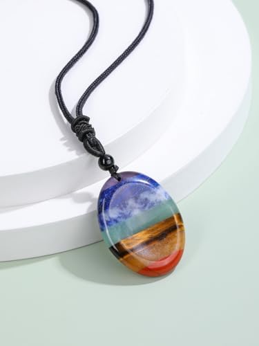 Jovivi Natural 7 Chakras Healing Crystals Necklace Oval Gemstone Palm Worry Stone Chakra Pendant Necklace for Anxiety Stress Relief Balancing Meditation