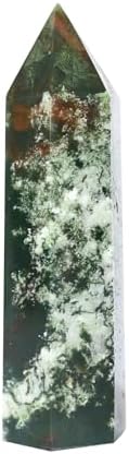 Angelstones Natural Moss Agate Gemstone Healing Crystal Hexagonal Pointed Reiki Chakra Faceted Prism Wand Carved Stone Figurine Home Decor