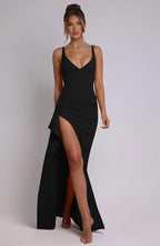 Memoriesea Women's Sexy Plunge Neckline Bodycon Ruched High Slit Party Maxi Dress