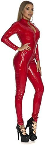 Panegy Women's Metallic Leotard Mesh Front Leather Bodysuit Jumpsuit with Chains