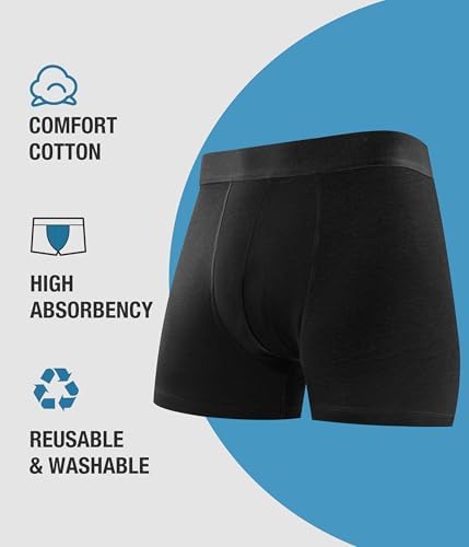 YESWEL Men's Incontinence Underwear, Leak Proof Washable Reusable Cotton Boxer Brief, Heavy Flow Bladder Leak 3 Pack (Black, Medium)