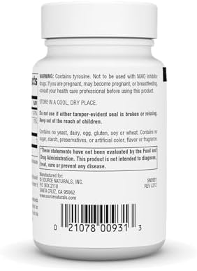 Source Naturals N-Acetyl L-Tyrosine Dietary Supplement, 300 mg - 60 Tablets